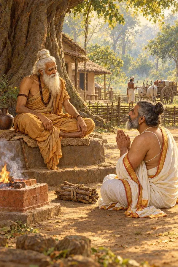 Shaunaka lays his bundle of kindling before the rishi Angiras and sits below him with joined palms to ask his question.