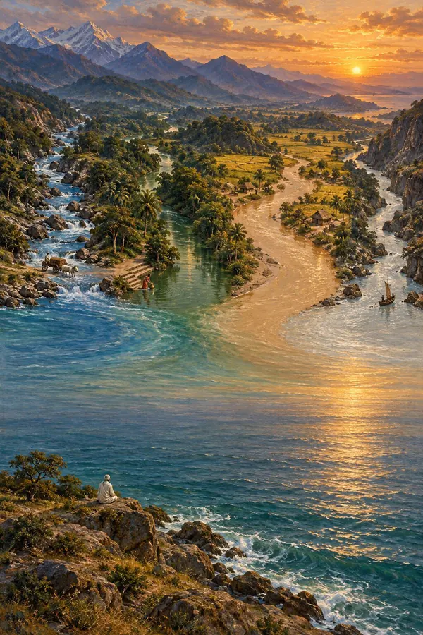 Rivers of different colors flow down past villages and boats into one shining sea, watched by an old seeker on a headland.