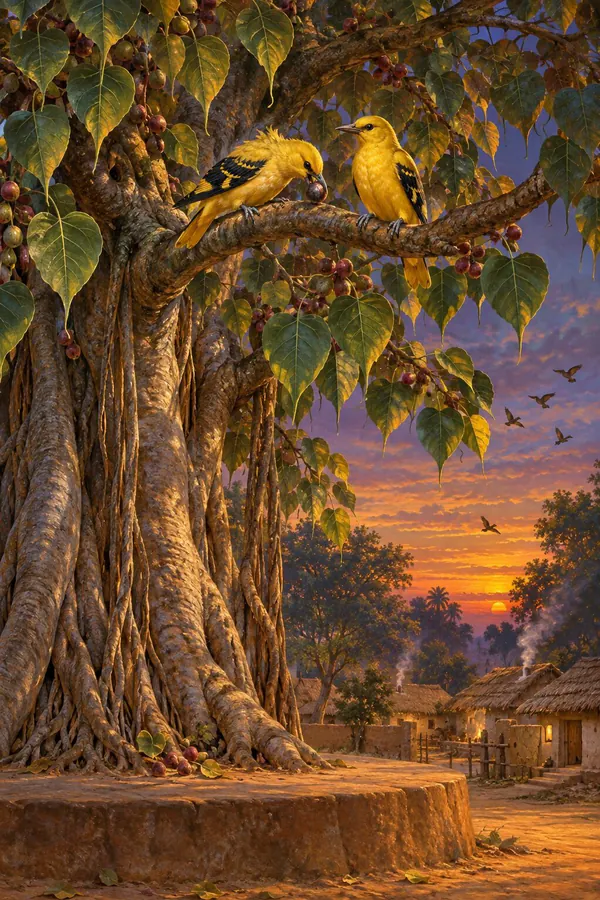 Two birds sit on one branch of an old village peepal, one tasting the sweet fruit and the other only watching, at peace.