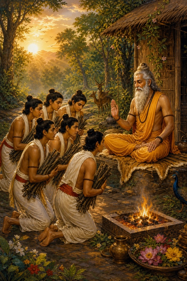 Six earnest young seekers in white dhotis, each carrying sticks of sacred firewood, bowing before the seated forest-sage Pippalada in a sunlit ashram clearing at dawn.