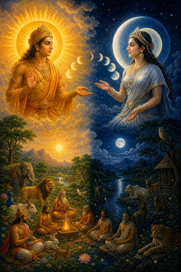 Cosmic tableau of the Prajapati pair: a radiant golden Sun (prana) and a silver waxing-waning Moon (rayi) facing each other across the sky over a world of living creatures, day and night divided below.