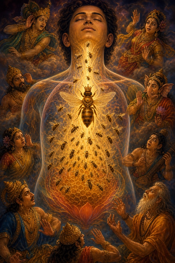 Inside a translucent body-as-house, the central Prana rises like a queen bee lifting from her honeycomb and every other bee (the senses) swarms up to follow, the personified sense-deities scattering in alarm.