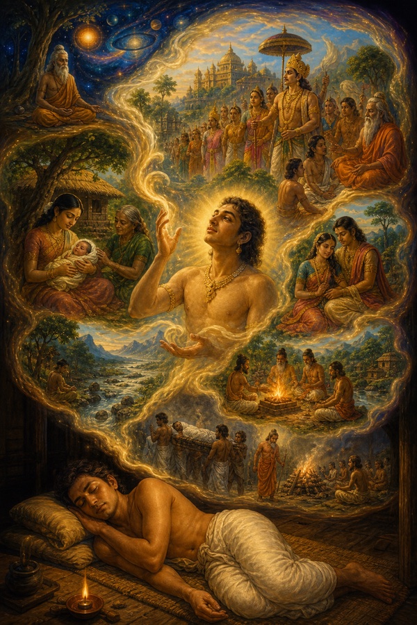 A sleeping man on a mat while above him his luminous dreaming self conjures an entire imagined world (people, rivers, his own birth and death) spun out of the mind alone, the waking senses dimmed and withdrawn.