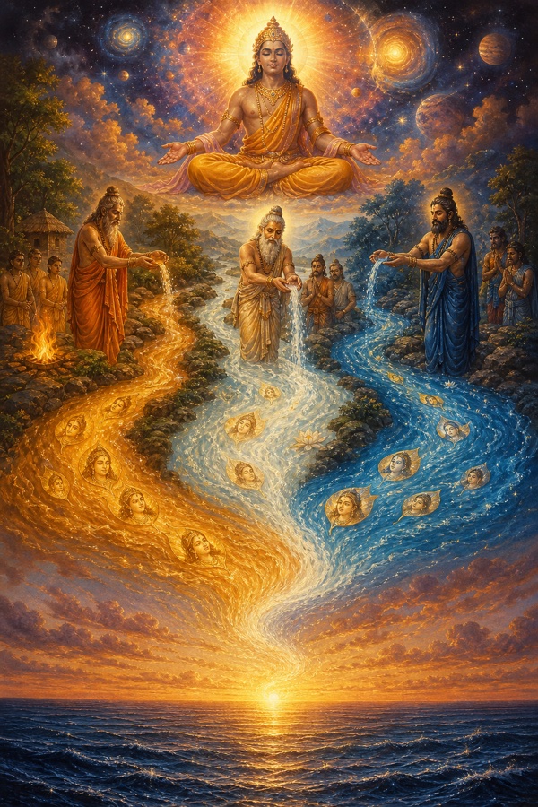 Ganga, Yamuna and Sarasvati flowing as named rivers that merge into a vast ocean and lose their separate names, symbolizing the sixteen kalas of the seeker dissolving back into the one undivided cosmic Purusha.