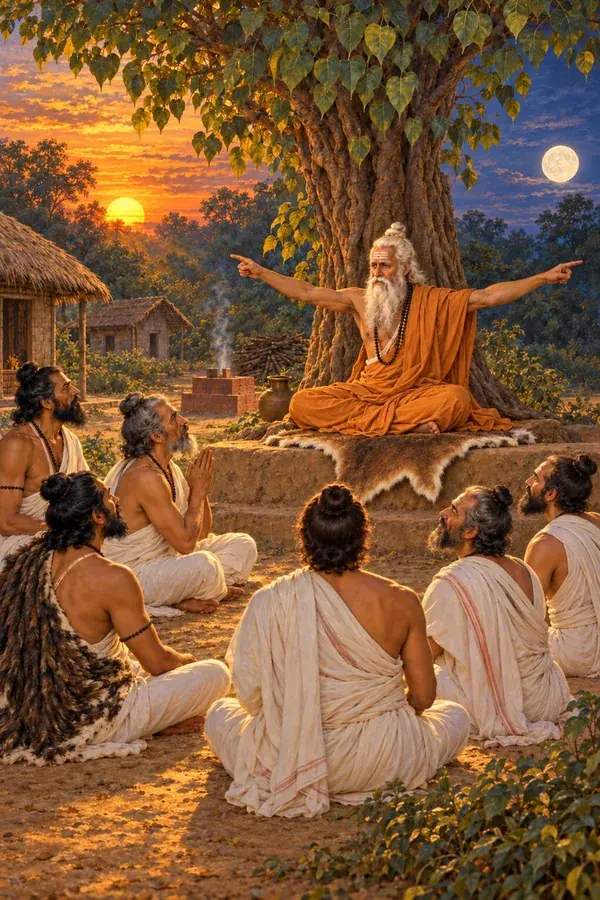 At dusk under the peepal Pippalada answers Kabandhi Katyayana, pointing to the setting sun and the rising moon.