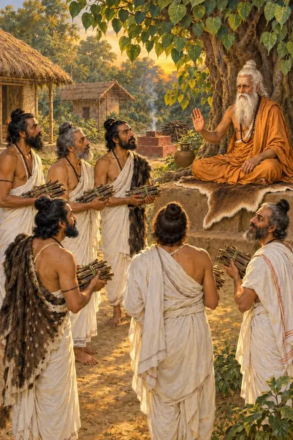 Six seekers stand with firewood at Pippalada's hermitage as the rishi raises his hand and tells them to stay one more year.