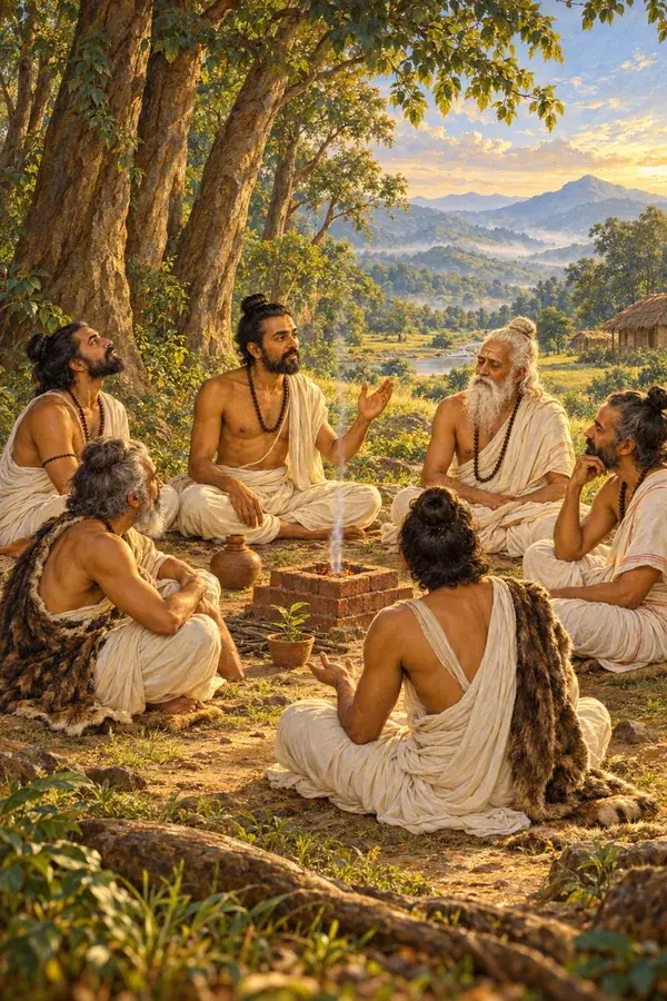 At the forest's edge a few brahmavadins sit in a ring beside a small altar, its thin smoke rising straight in the still air.