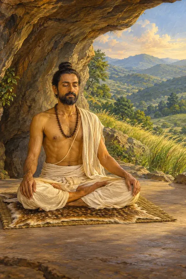 In a clean, sheltered place like a cave, a seeker sits with chest, neck and head in one straight line, his breath quieted.