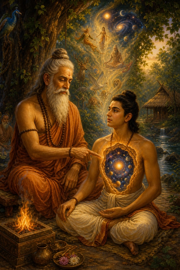 In a tranquil forest ashram a seated guru, eyes lowered, points not outward but inward toward the disciple's heart, where a softly glowing cave-of-the-heart holds a luminous point of the whole cosmos.