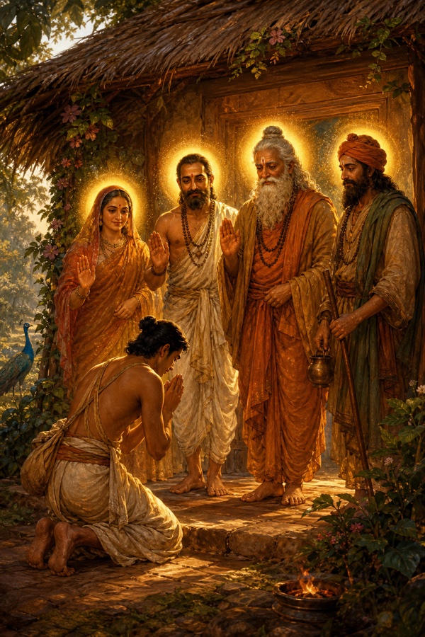 At the gurukul threshold the departing student bows with folded hands before four radiant venerated figures, mother, father, teacher and an arriving guest, each haloed as a deity in classical Indian painting.