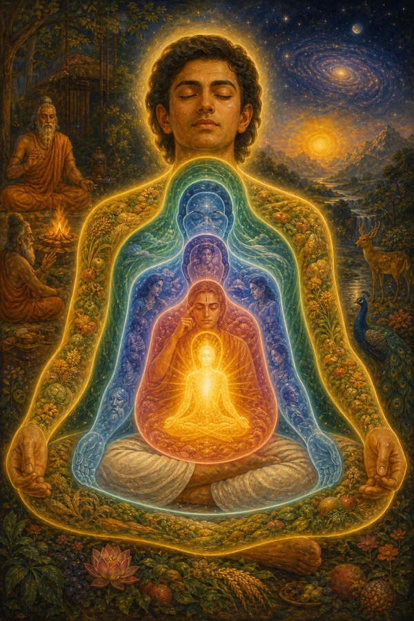 A seated meditating human shown in cutaway as five nested luminous sheaths, food-body, breath, mind, intellect and innermost golden bliss, each glowing ring enclosing the next around a central radiant Self.