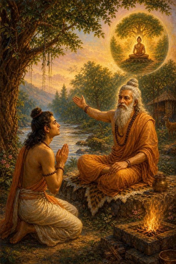 The young seeker Bhrigu, returning yet again with folded hands to his father-sage Varuna seated on a riverbank, who gently gestures him back toward solitary tapas under a tree.