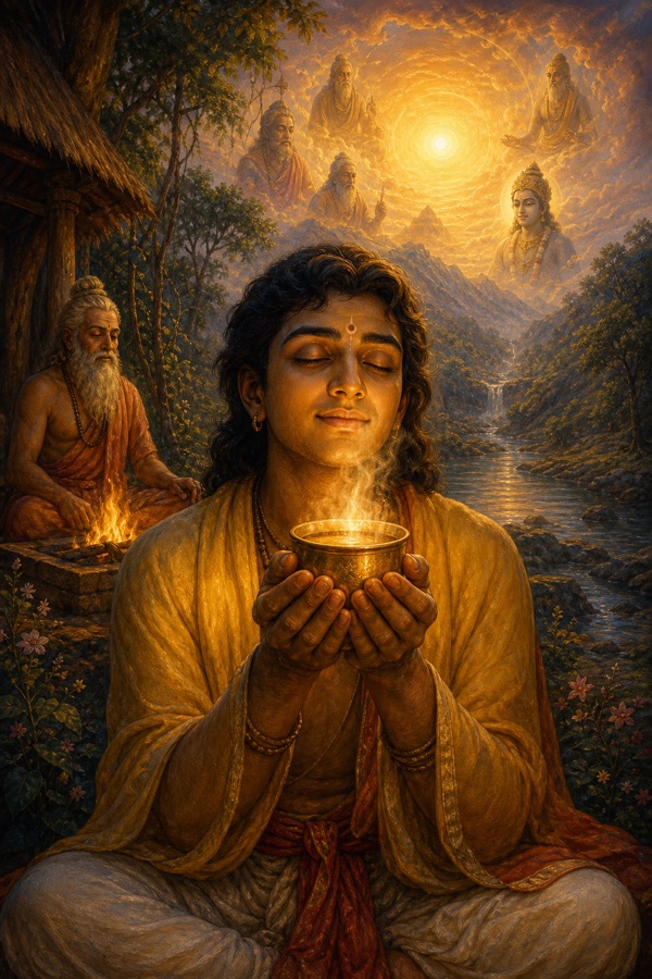 A serene closing tableau: a single cup of steaming chai held in cupped hands glows with the same golden light as the distant sun above, the everyday sip revealed as Brahman's bliss.
