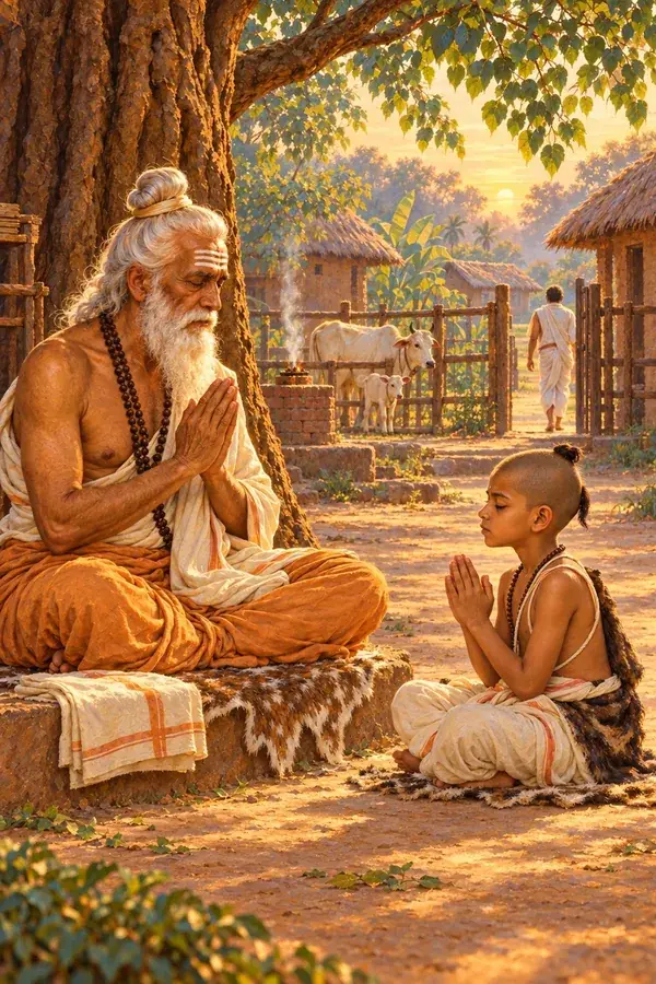 At dawn in the school courtyard a teacher and his eight-year-old pupil say the peace prayer as the boy's father leaves.