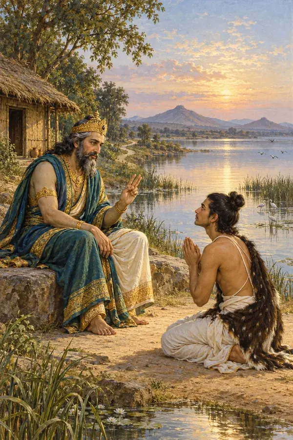 Seated on a stone by the lake, Varuna raises his fingers to set a test as his son Bhrigu kneels and asks to be taught brahman.