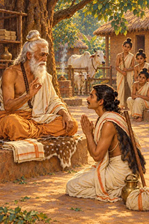 In the forest school courtyard the aged acharya gives his last instruction to a departing student, who listens with joined palms.