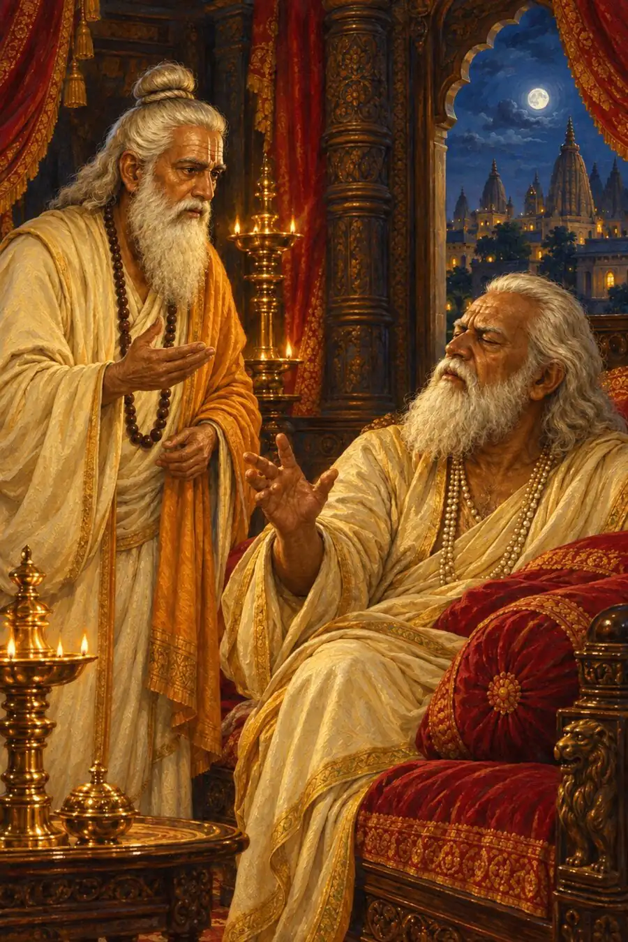आधी रात के दीपक जले कक्ष में विदुर नींद से रहित, जन्म से नेत्रहीन राजा धृतराष्ट्र के सामने खड़े होकर बोलते हैं, और राजा मुँह फेरकर धर्म के वचन के लिए हाथ बढ़ाते हैं।
