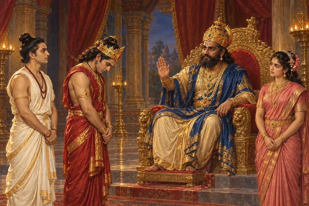 असुरराज प्रह्लाद न्याय के आसन पर बैठकर अपने ही पुत्र विरोचन के विरुद्ध ब्राह्मण सुधन्वा के पक्ष में सत्य निर्णय सुनाते हैं, पास केशिनी खड़ी देखती है।