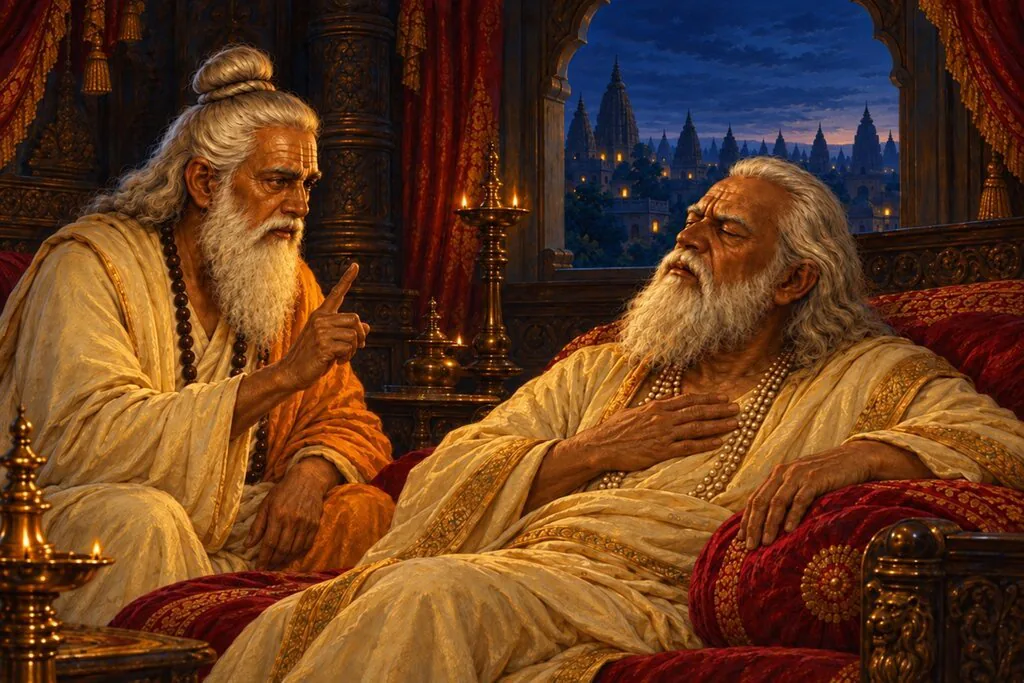 रात के आख़िरी पहर में विदुर समझाते हैं, और नेत्रहीन धृतराष्ट्र हृदय पर हाथ रखे मानते हैं कि सब सच है, फिर भी बेटे से मुँह नहीं मोड़ पाते।