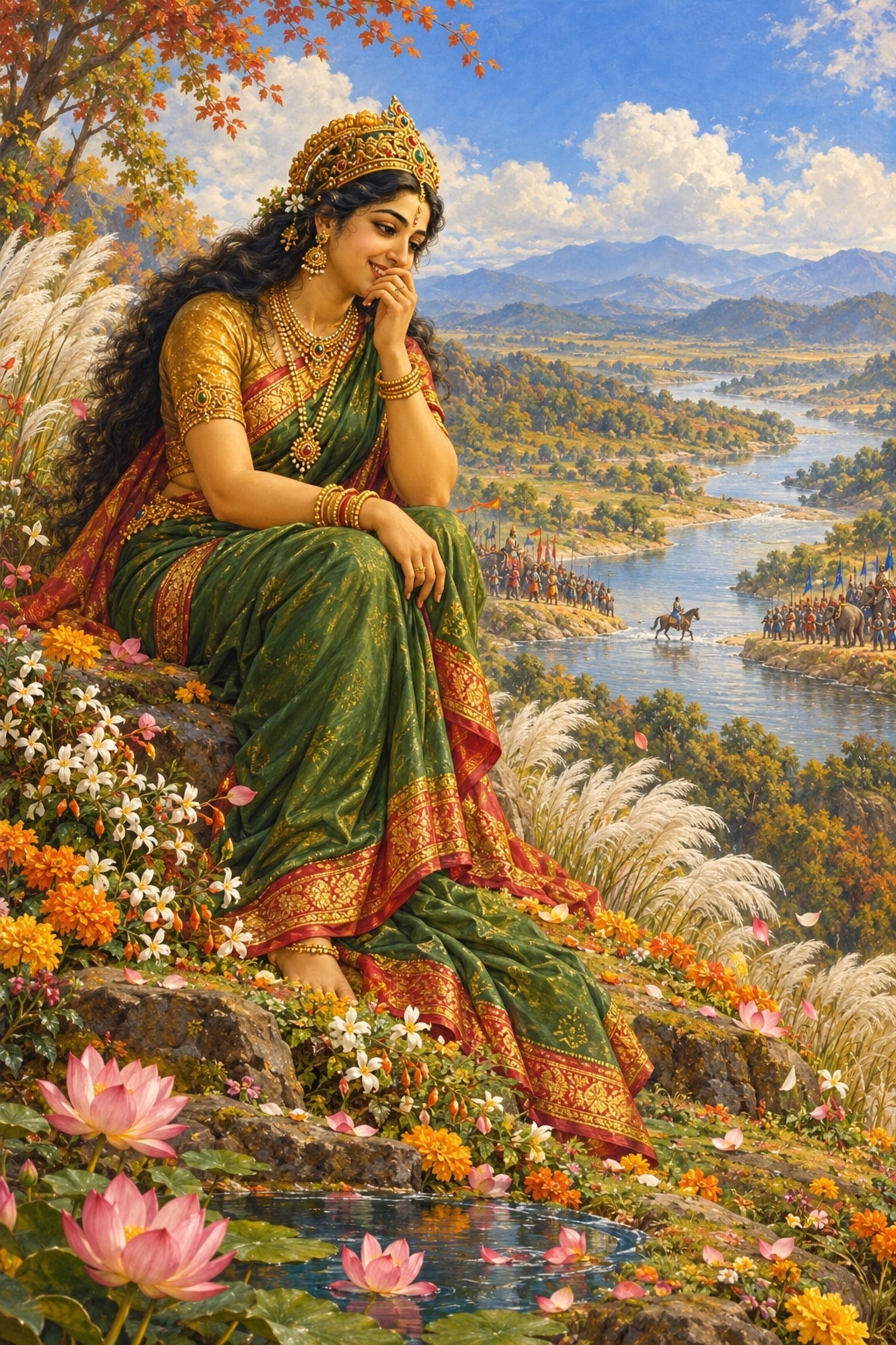 On a flowered hillside the Earth goddess laughs as two kings' armies face each other across the river below.