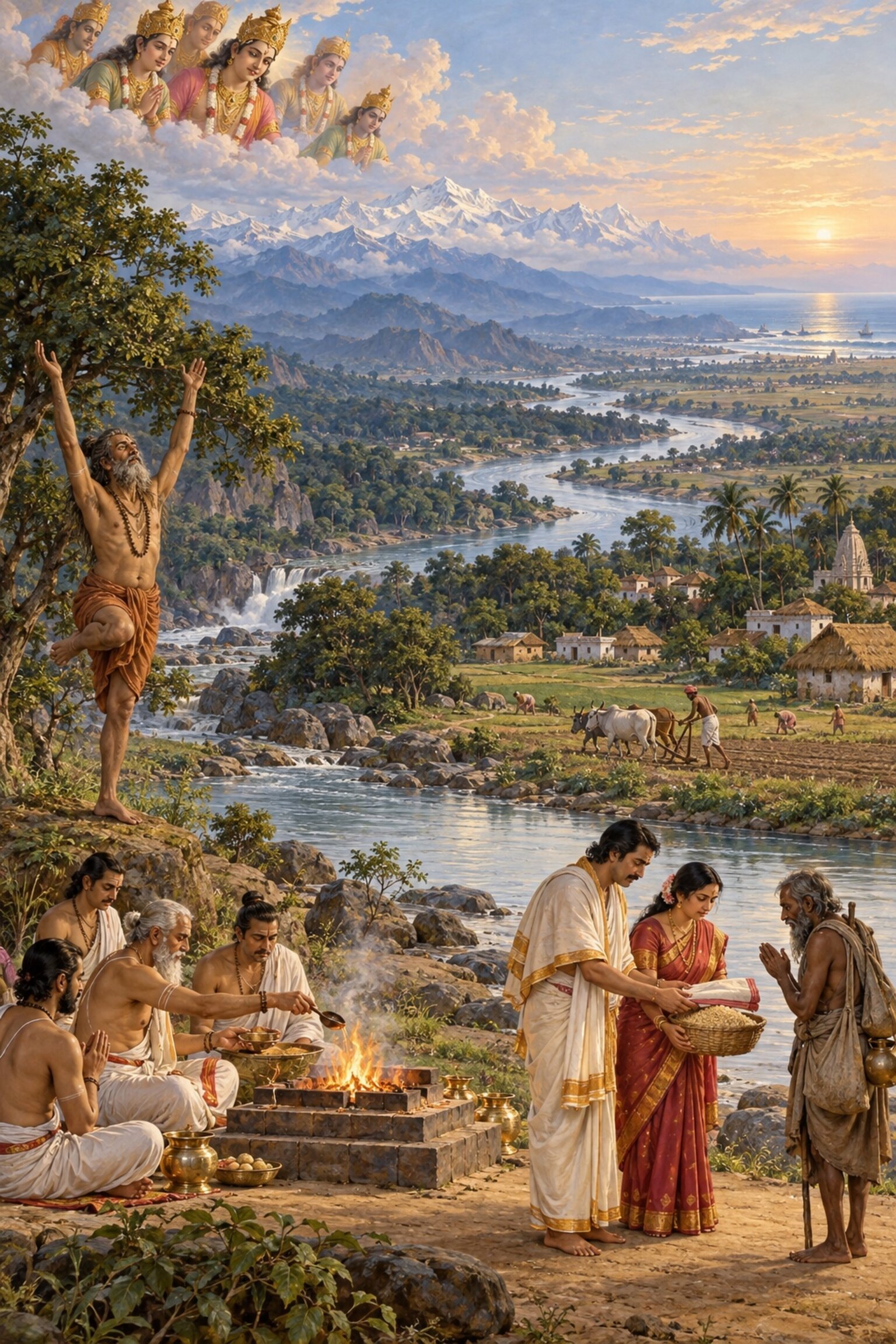In Bharatavarsha between the ocean and the Himalaya, munis do tapas and priests perform yajnas as the gods sing from the clouds.