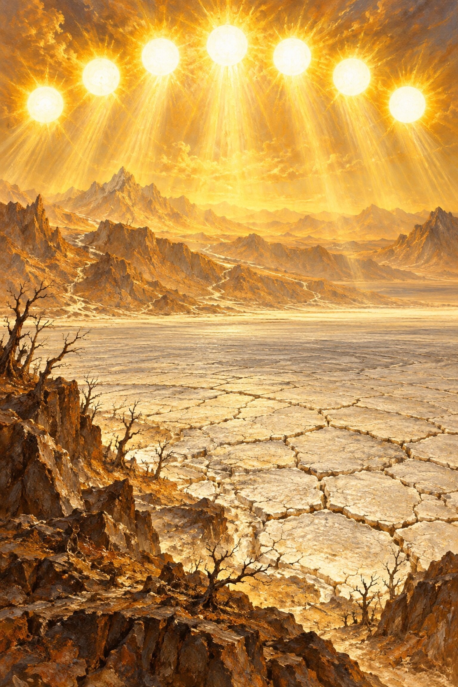 At the end of the kalpa seven blazing suns drink up the seas and rivers, leaving the earth bare and hard as a tortoise shell.