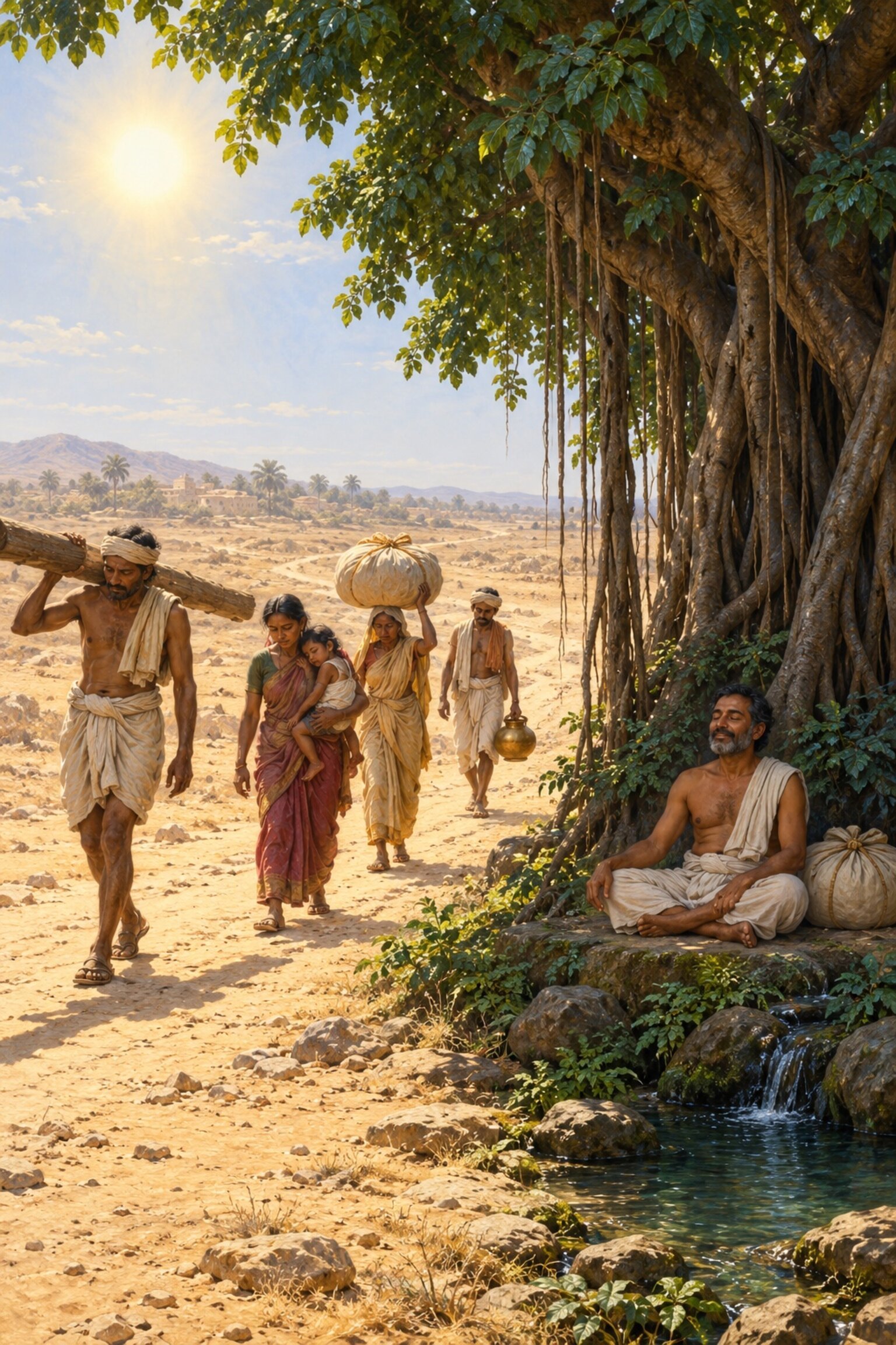 People toil along a burning road under loads of family and wealth as one man sits at peace in the shade of the tree of moksha.