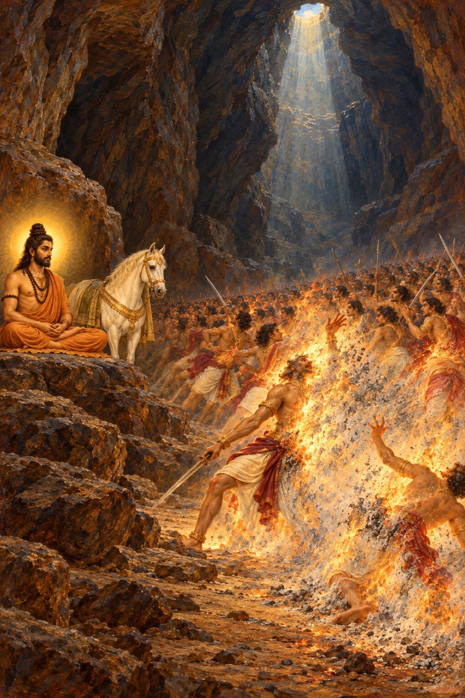 In Patala the sons of Sagara rush at Kapila, and fire bursts from their own bodies as the sacrificial horse stands nearby.