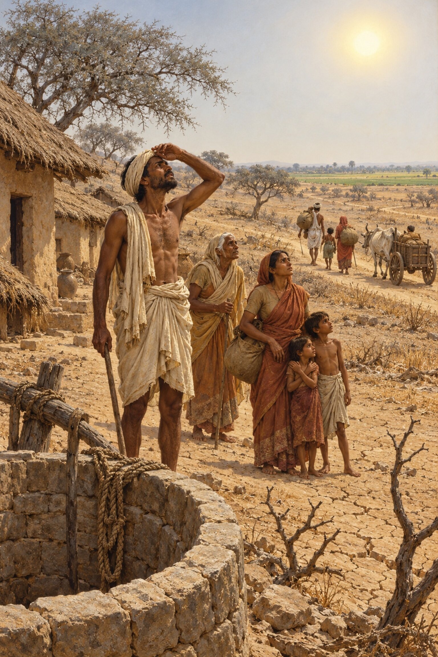 In the Kali age families set out with bundles from a parched village toward lands where wheat and barley grow.