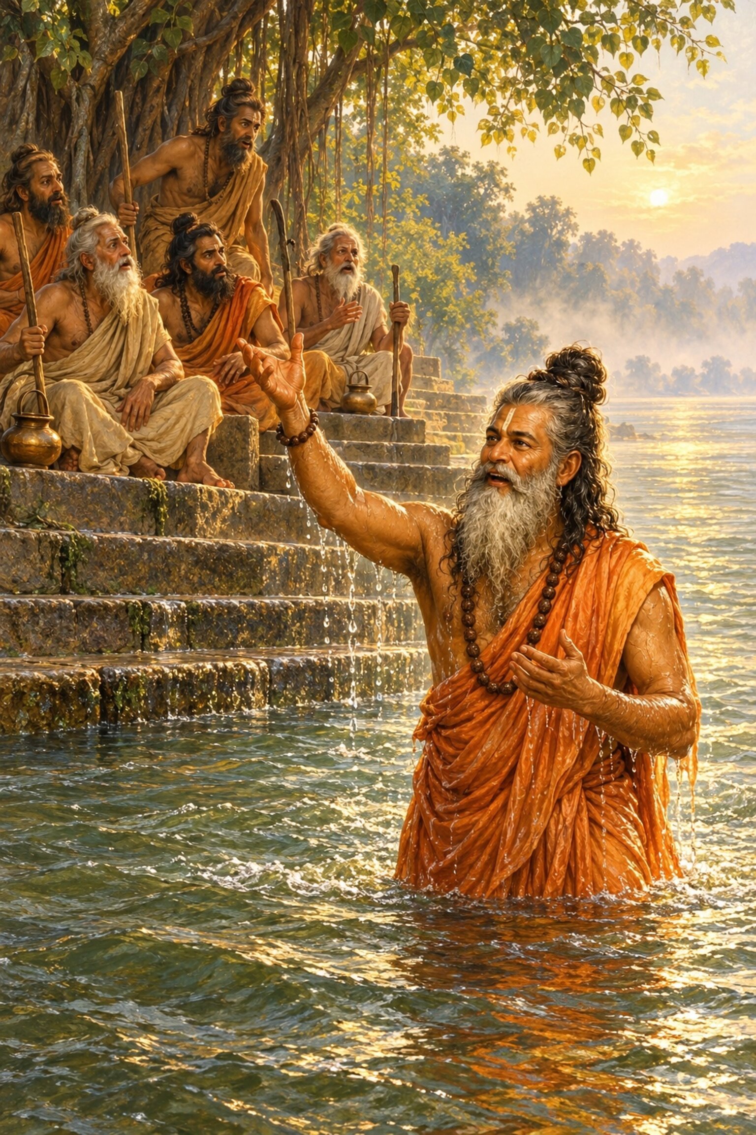 Rising from a dip in the Ganga, Vyasa raises his hand and calls out as the munis waiting on the bank stare in astonishment.