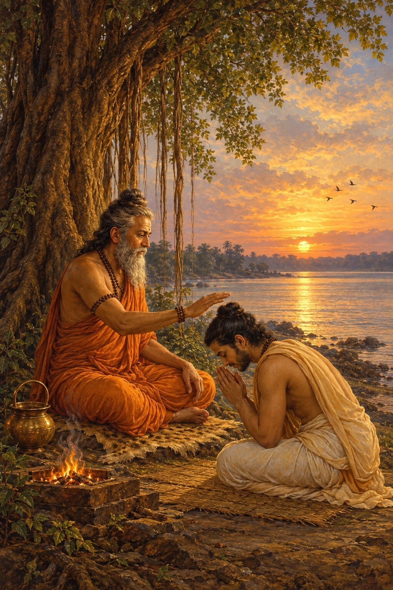 With the Vishnu Purana told, Parashara raises his hand in blessing over Maitreya, who bows with folded hands.