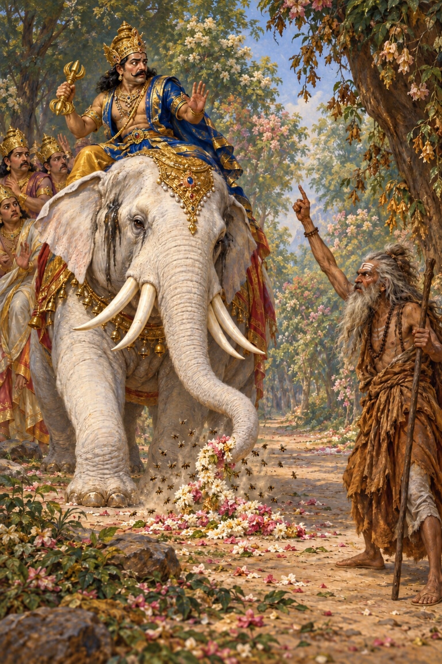Airavata flings Durvasa's divine garland to the ground, and Durvasa, blazing with anger, curses the three worlds.