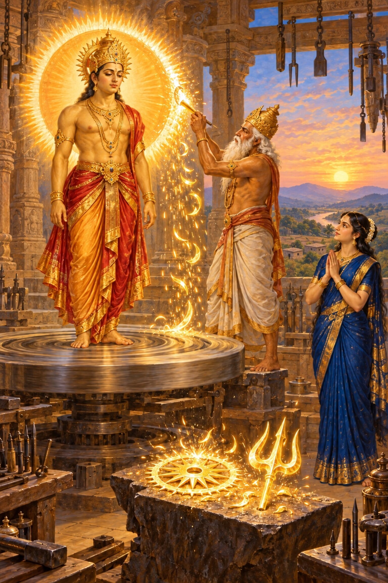 Vishvakarma pares away Surya's brilliance on his lathe, forming Vishnu's chakra and Shiva's trishula, as Samjna looks up.