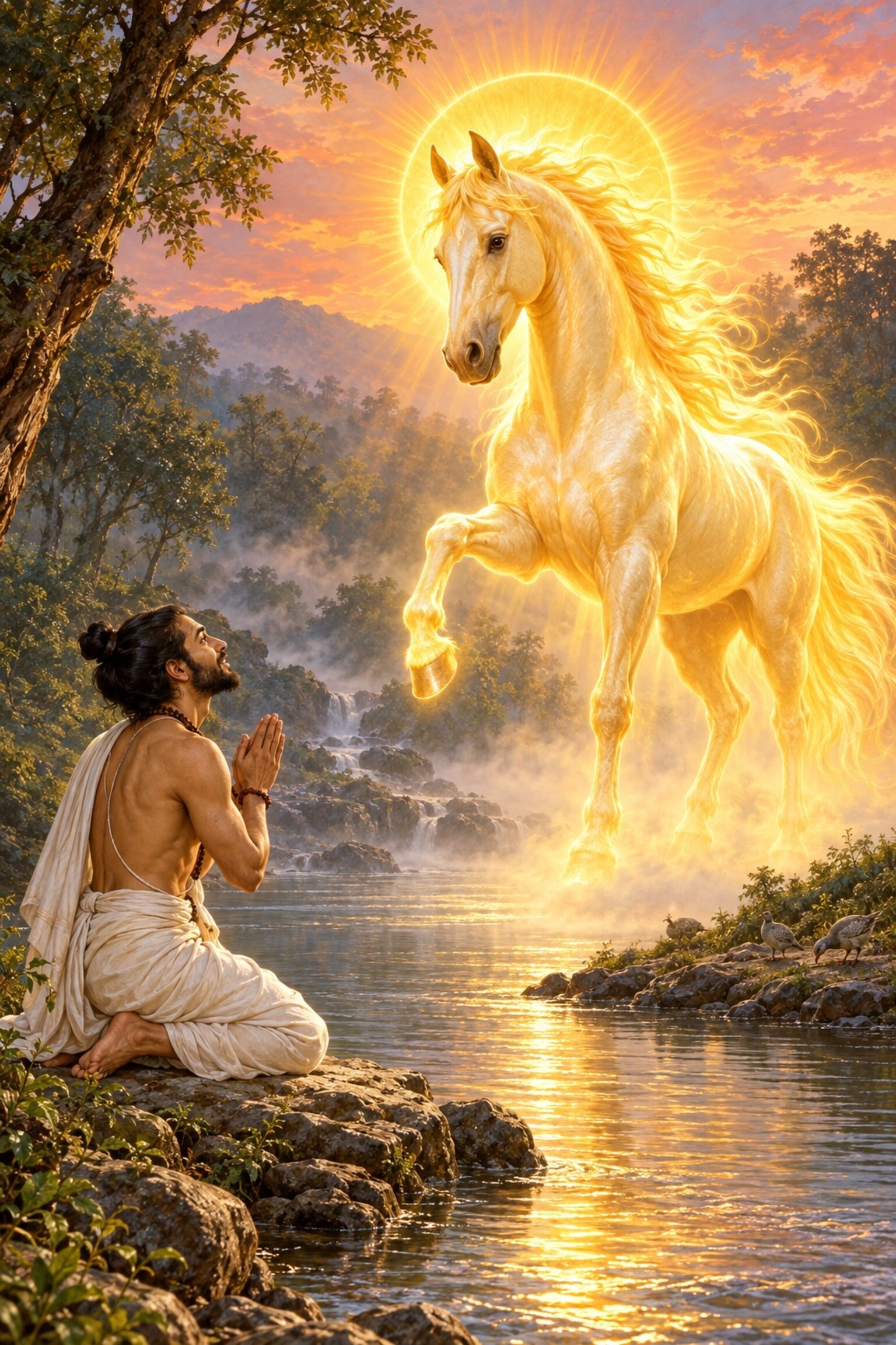 At a misty river sunrise Surya appears as a radiant horse to the kneeling Yajnavalkya to teach him the Yajus.