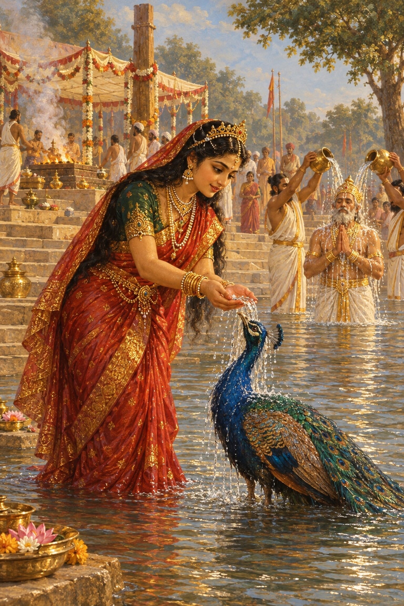At Janaka's ashvamedha the Kashi princess bathes a peacock in the river, her husband Shatadhanu in a former life.