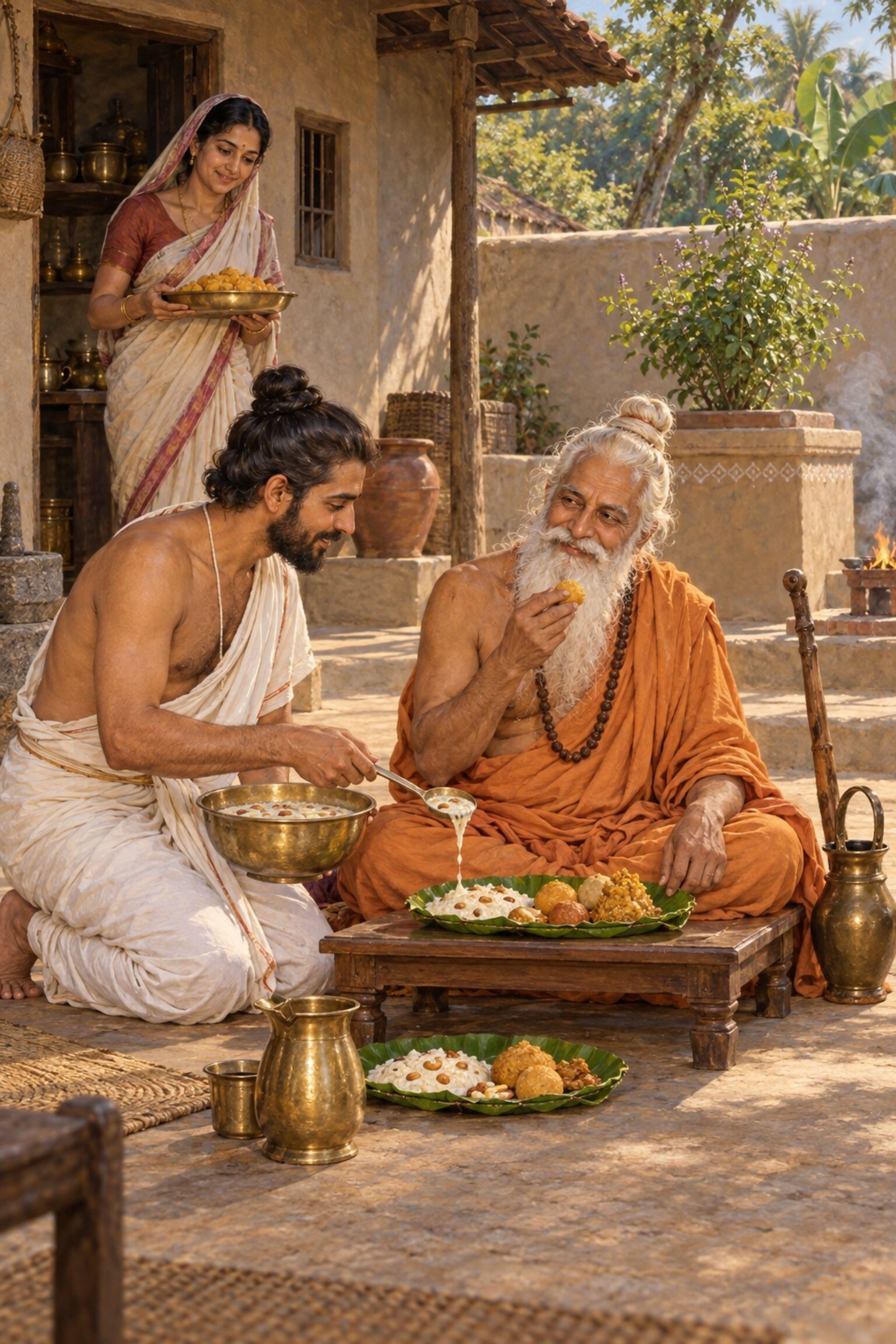 Nidagha, not knowing his own guru Ribhu, brings him in as a guest and serves him the halva, kheer and sweets his wife made.