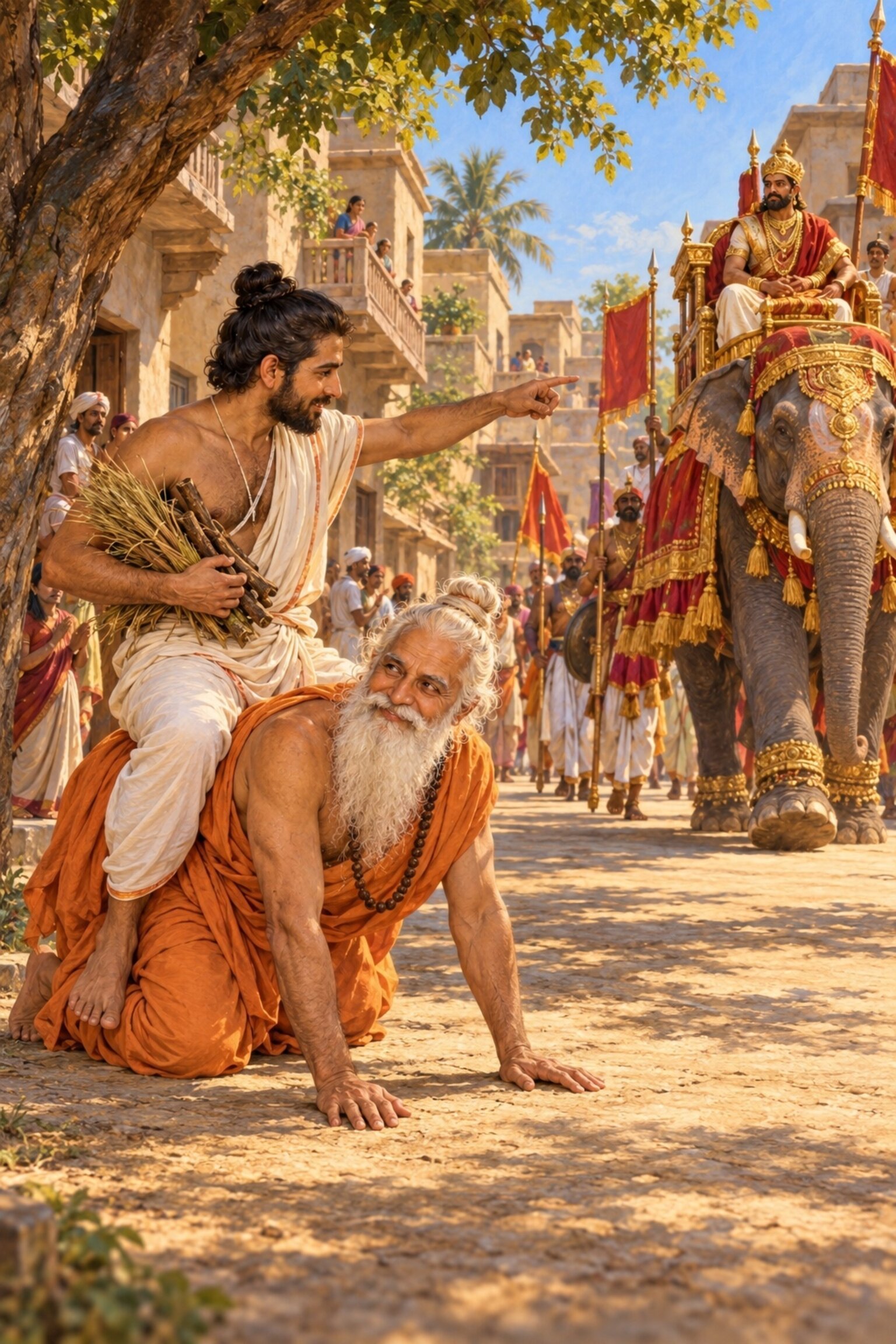 As the king's procession passes, Nidagha climbs onto the back of the stranger Brahmin, his guru Ribhu, who asks who is who.