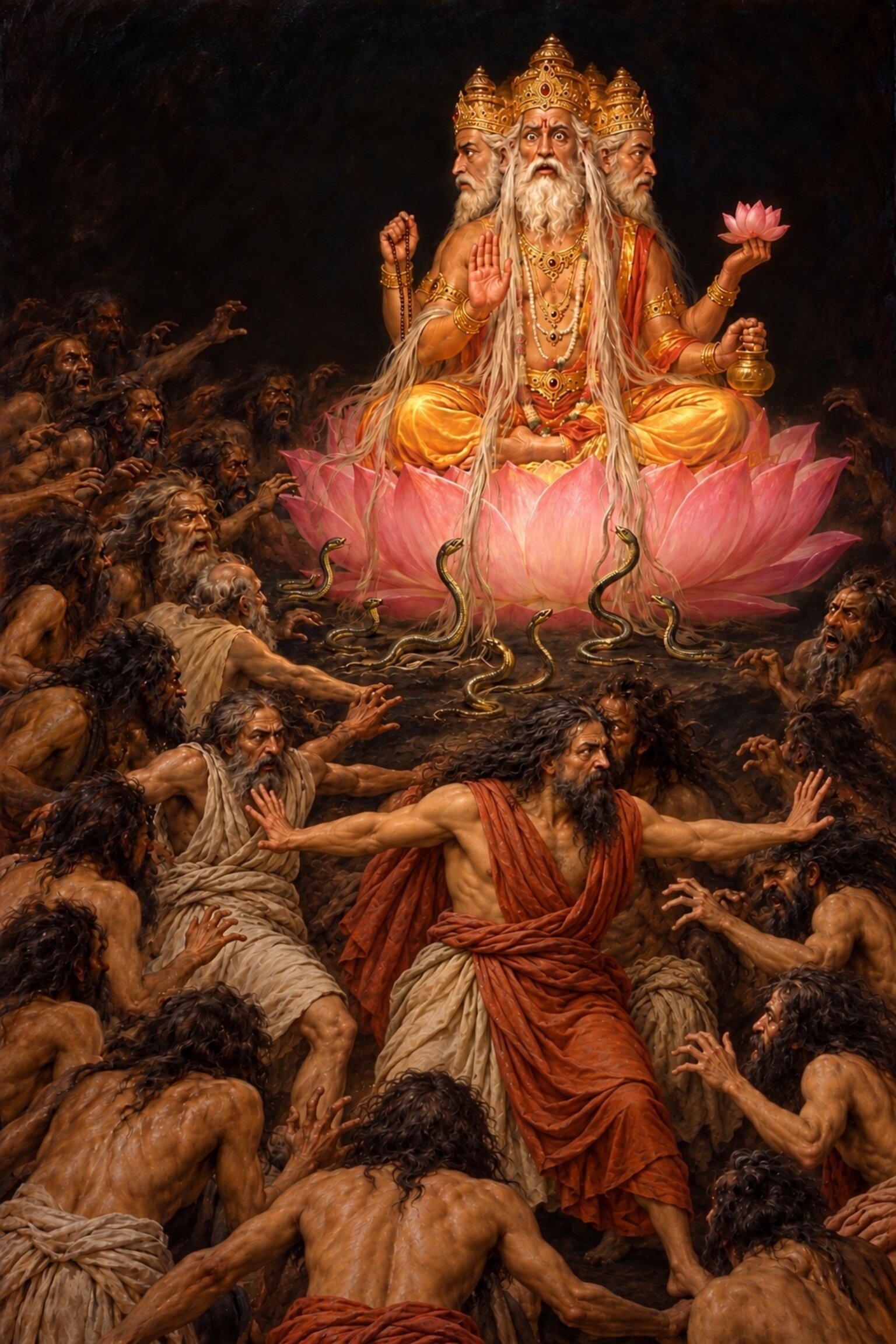 In darkness bearded beings born of hunger rush at Brahma as the hair falling from his head climbs back as serpents.
