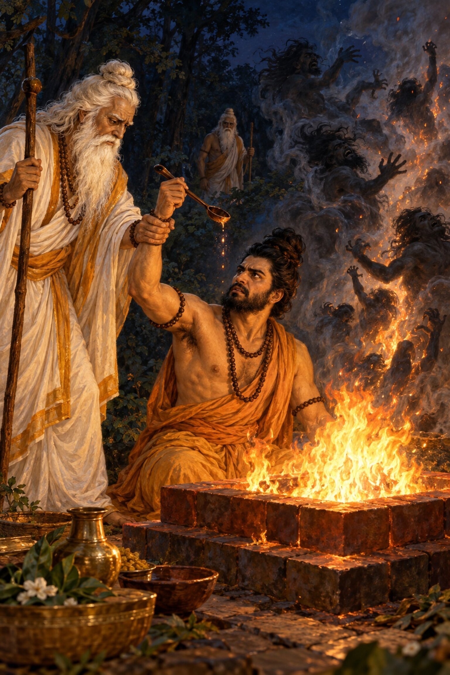 Young Parashara performs a sacrifice that draws the rakshasas toward the flames until his grandfather Vasishtha stays his hand.