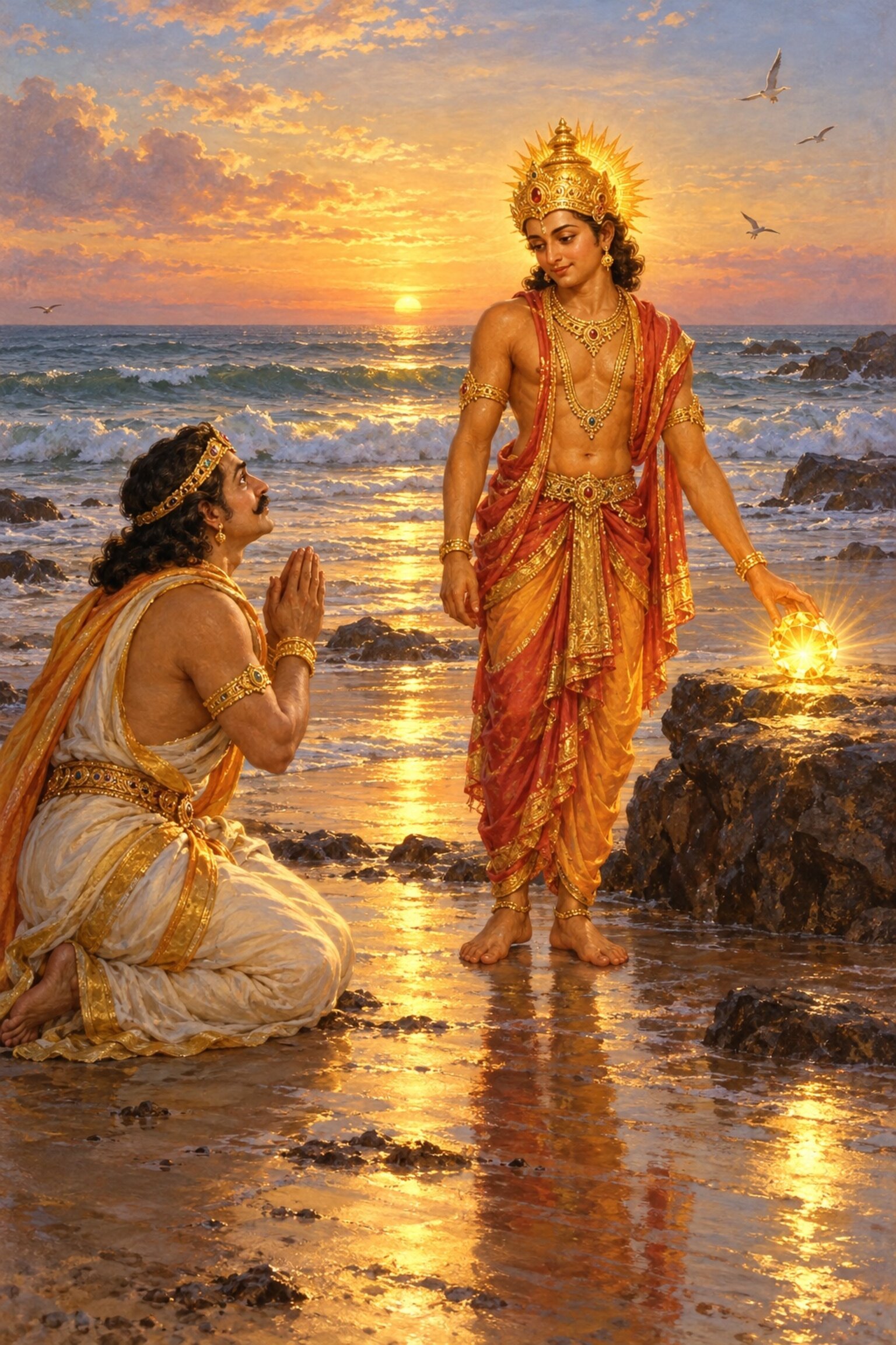 On the seashore the Sun appears before Satrajit, lifts the Syamantaka jewel from his neck and shows his small, brilliant form.