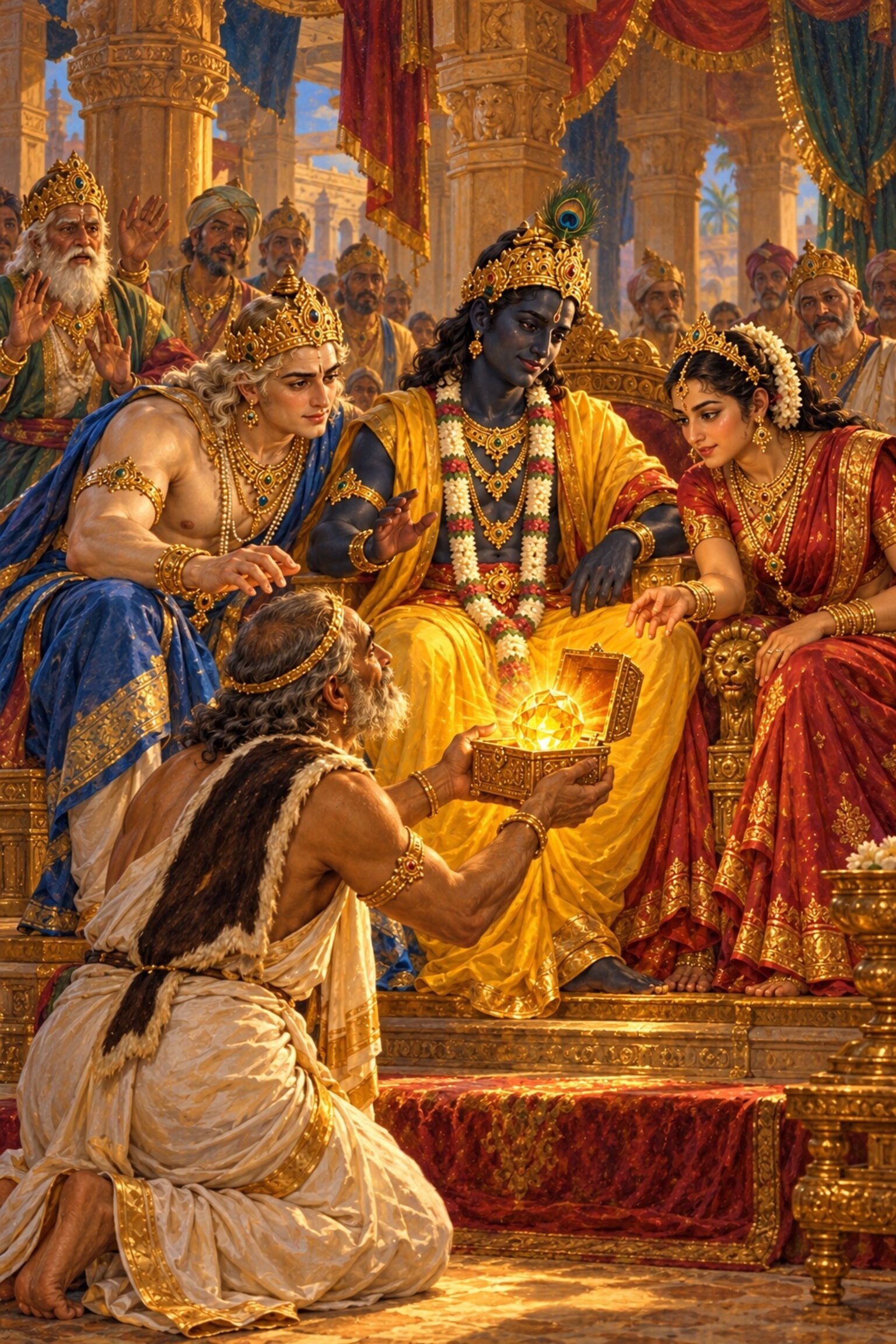 In the Yadava assembly Akrura draws the blazing Syamantaka from a gold casket as Balarama and Satyabhama look on.