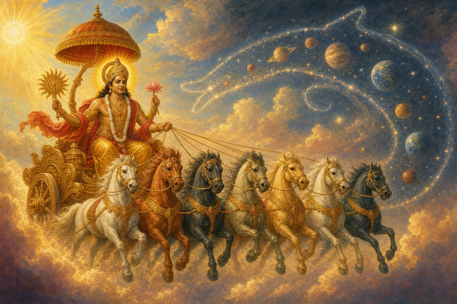 The tiered upper worlds above the earth and the great wheel of stars turning about the pole star Dhruva
