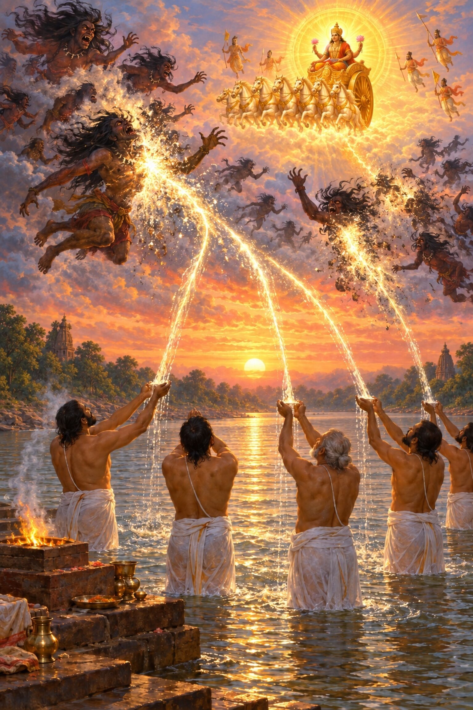 At sandhya the Mandeha rakshasas rush to devour the sun as the Brahmins' water offerings on the river bank strike and burn them.