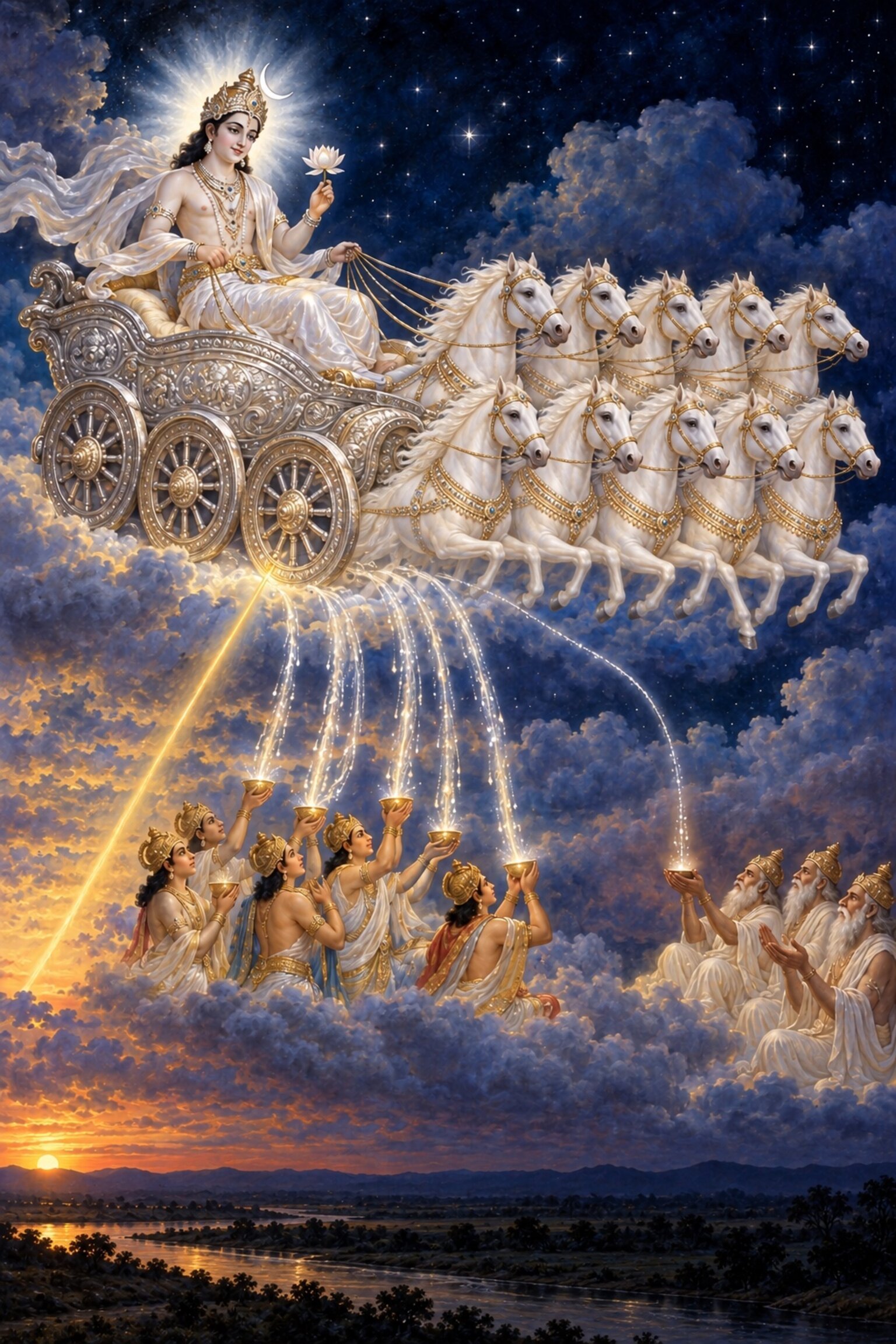The moon god rides the sky in a chariot drawn by ten white horses as the gods and pitris drink his nectar.