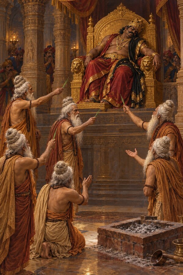 In the royal hall the angry rishis raise kusha blades against King Vena, who slumps lifeless on his throne.