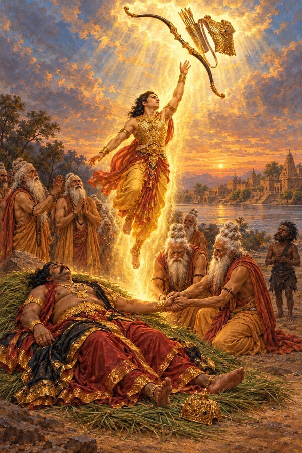 The sages churn the dead King Vena's right hand, and Prithu rises blazing as a divine bow and armor descend, a Nishada watching.