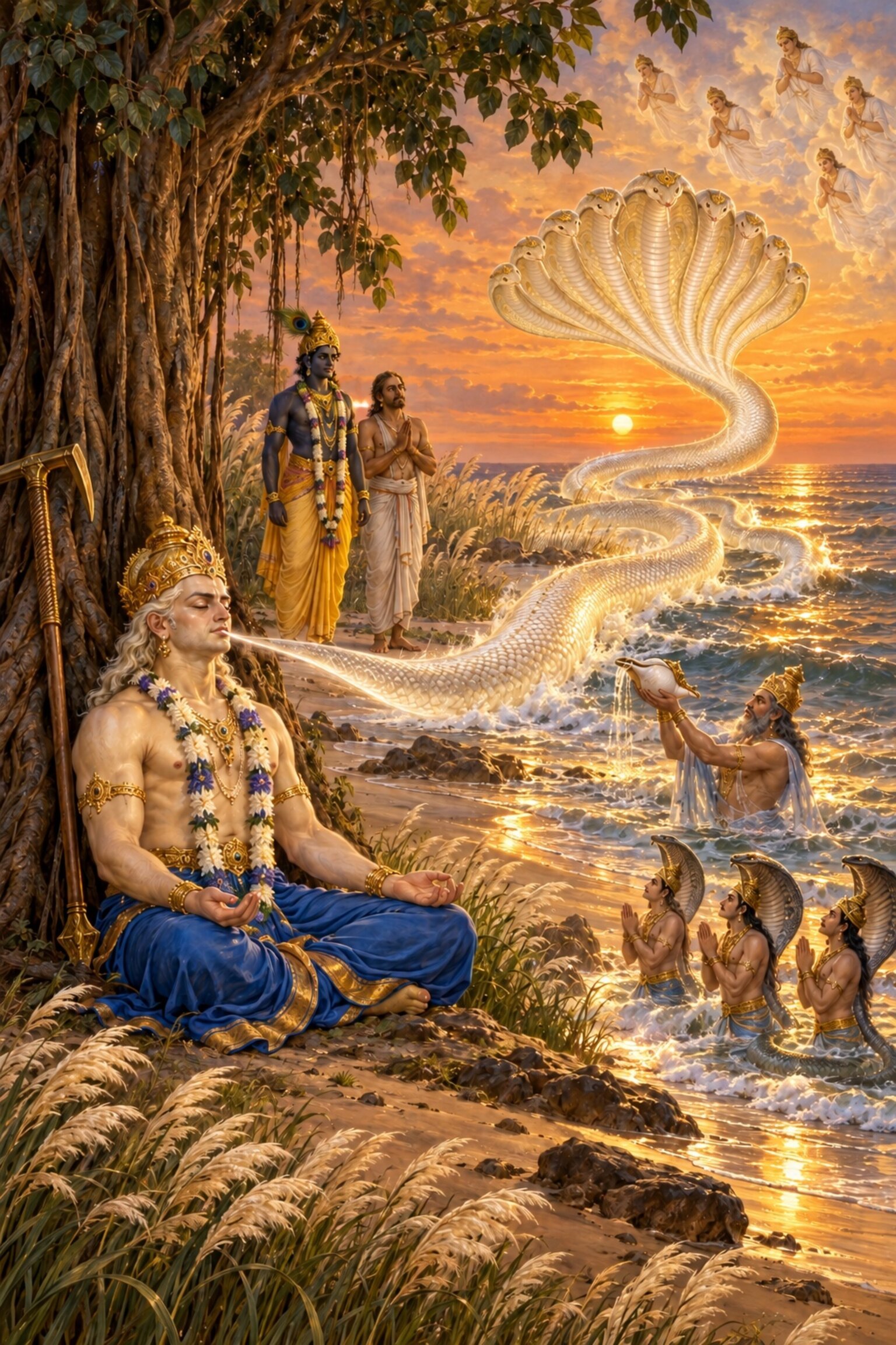 At Prabhasa a vast many-hooded serpent comes from the lips of Balarama, seated in yoga, and glides to the sea as Krishna watches.