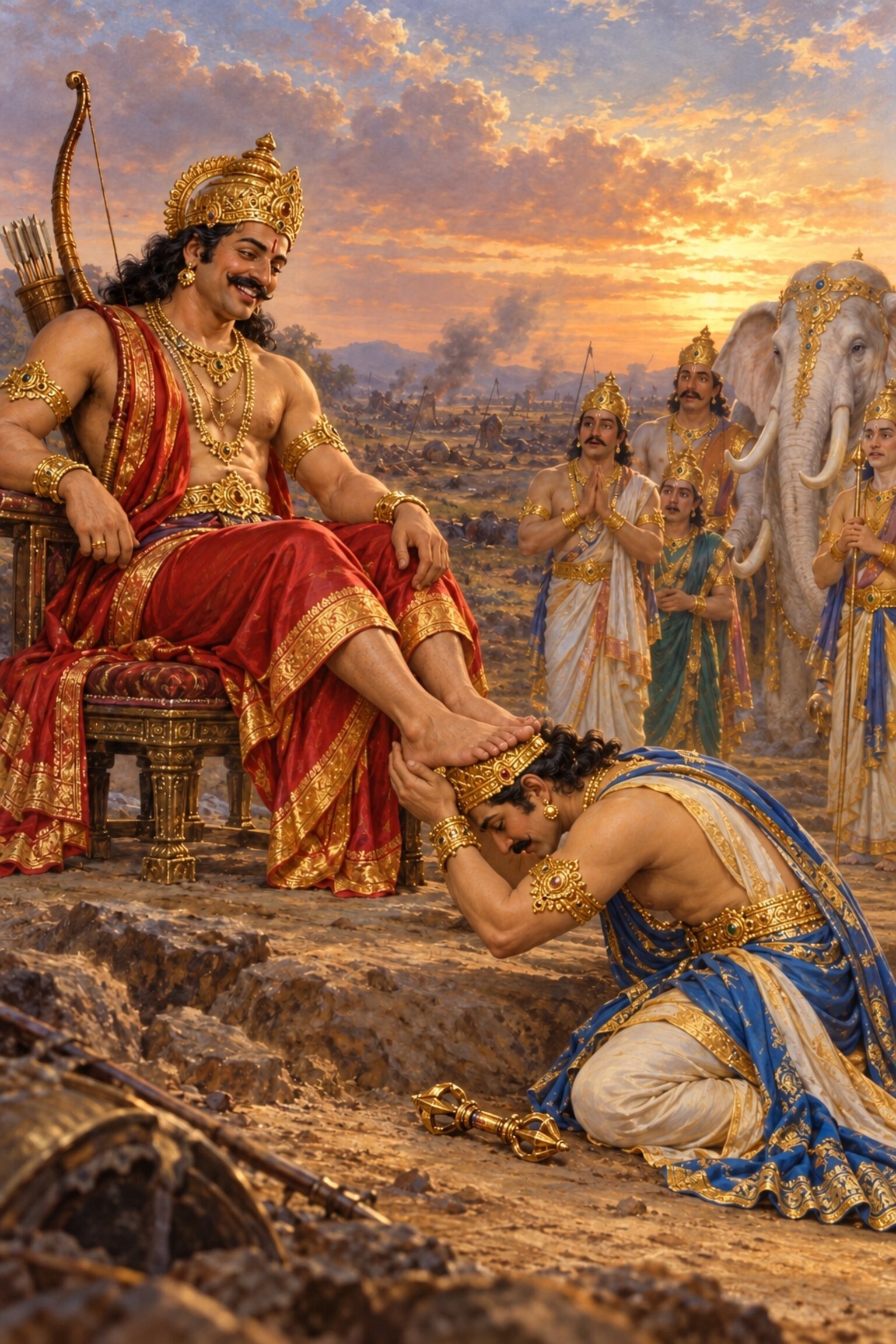 With the daityas beaten, Indra kneels and sets King Raji's feet on his own crowned head as the mortal king laughs.