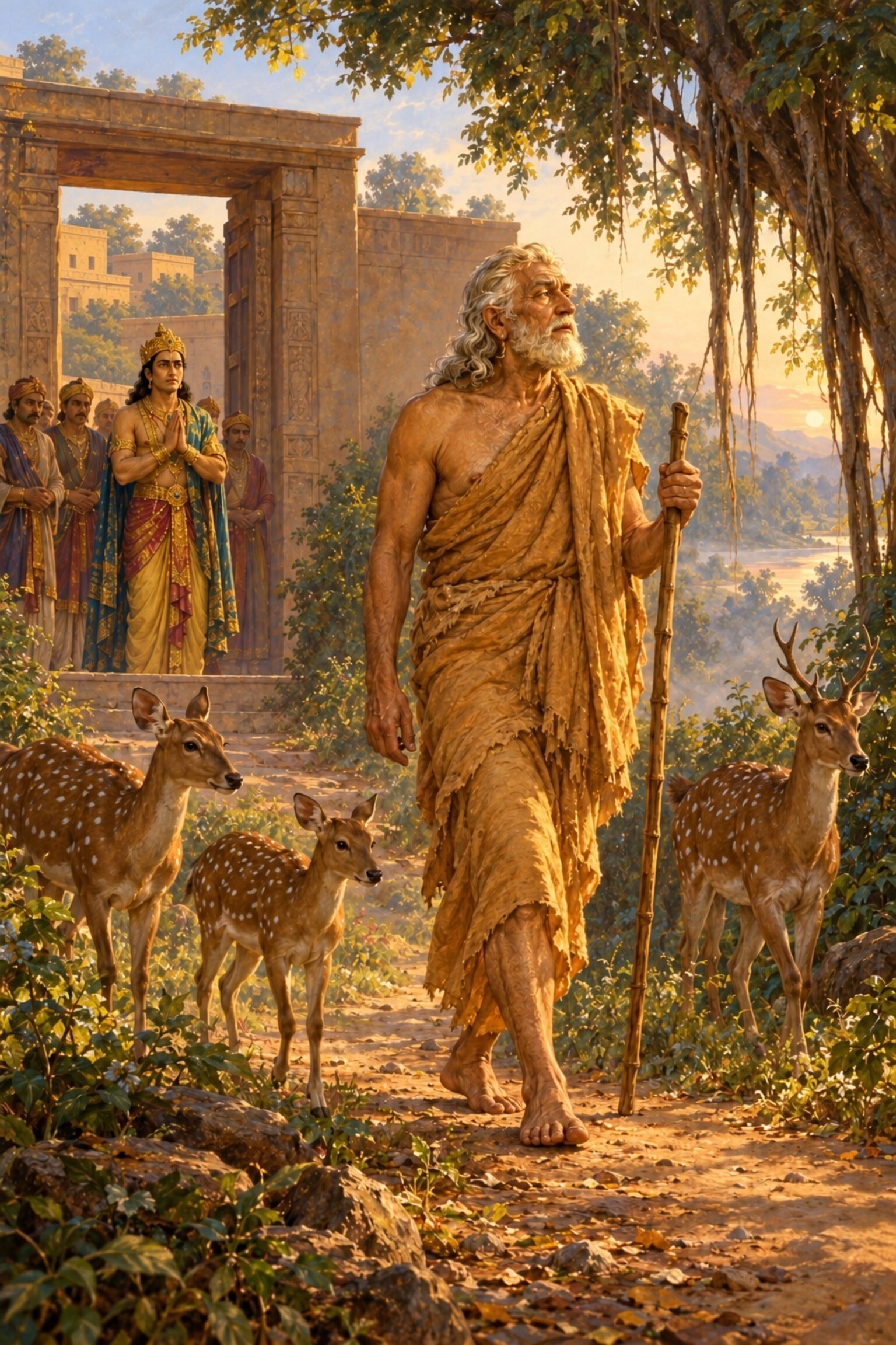 Yayati gives Puru back his youth, crowns him king of the earth and walks into the forest in his old body.
