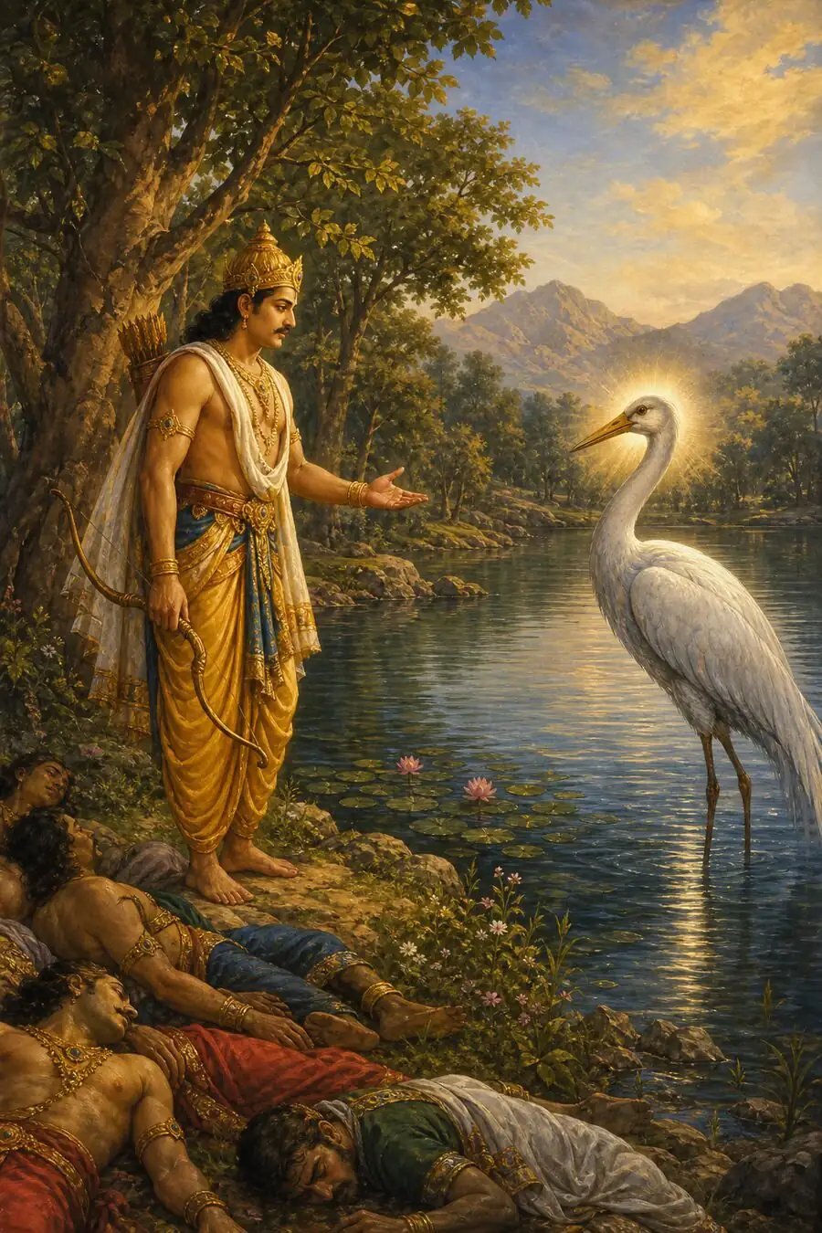 सरोवर के किनारे युधिष्ठिर हाथ में धनुष लिए, दूसरी हथेली आगे बढ़ाकर जल में खड़े तेजस्वी बगुले से बात करते हैं, और उनके पीछे चारों भाई गिरे पड़े हैं।
